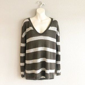 DUFFY Light Weave Alpaca Wool Sweater Green Striped V Neck XS